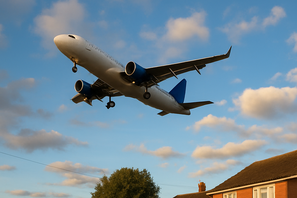 AI image of a plane flying above a residential area
